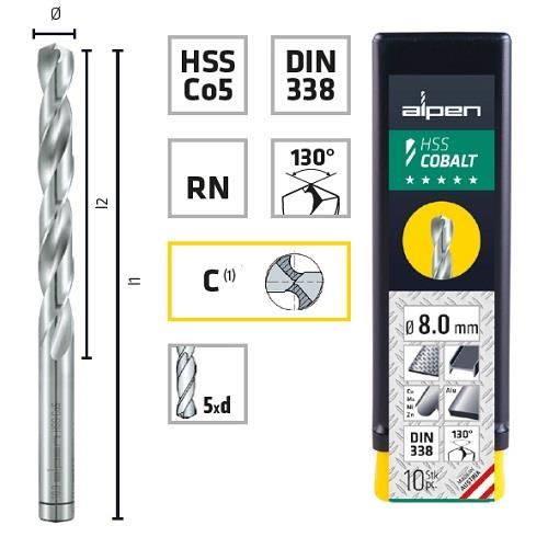 Burghiu pentru metal, ALPEN HSS Cobalt, DIN338 RN