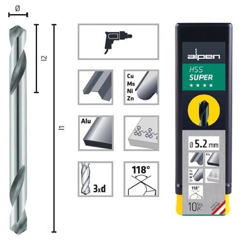 Burghiu pentru nituri, ALPEN HSS 2 CAPETE, WN, 3.2X49/11