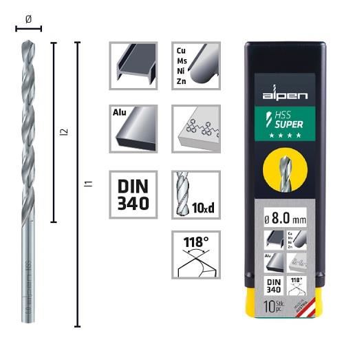 Burghiu pentru metal, ALPEN HSS LUNG, DIN340 RN, 7.5X156/102