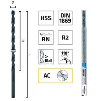 Burghiu pentru metal, ALPEN HSS Extralung, DIN1869 R2 RN, 5.5X260/180