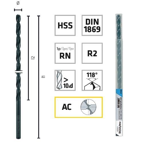 Burghiu pentru metal, ALPEN HSS Extralung, DIN1869 R2 RN, 5.5X260/180